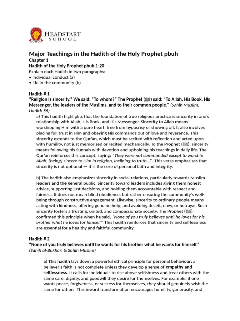 Key Hadith Teachings on Faith and Conduct | PDF | Hadith | Quran