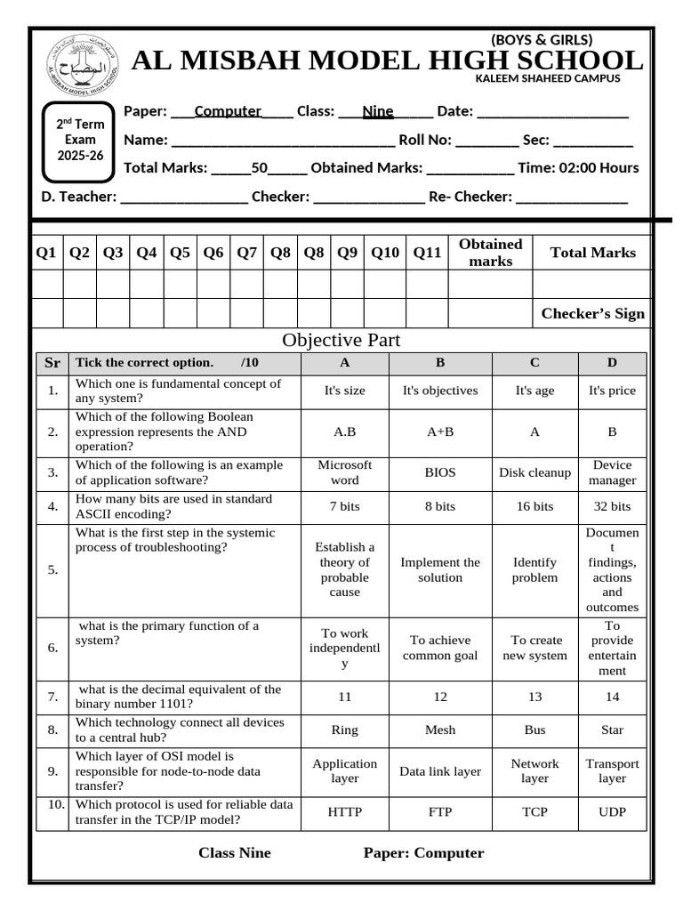 Class Nine Computer Exam Paper | PDF | Internet Protocol Suite ...