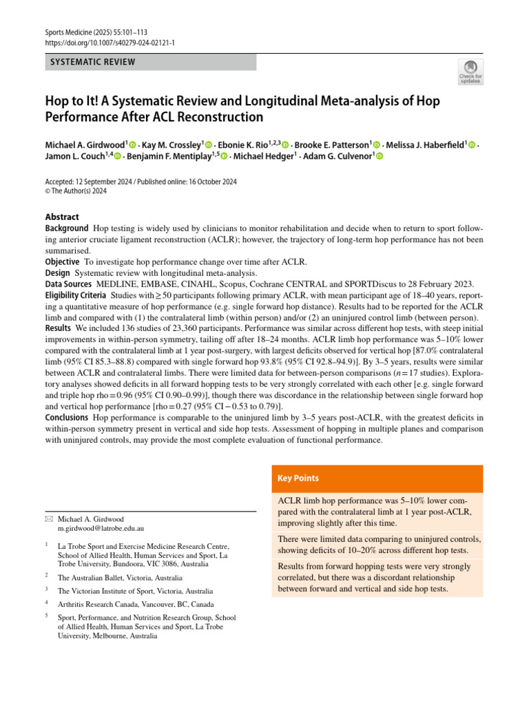 Hop Performance After ACL Reconstruction | PDF | Systematic Review ...
