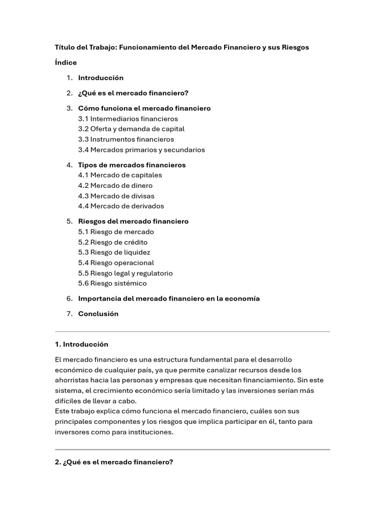 Funcionamiento y Riesgos del Mercado Financiero | PDF | Inversiones ...