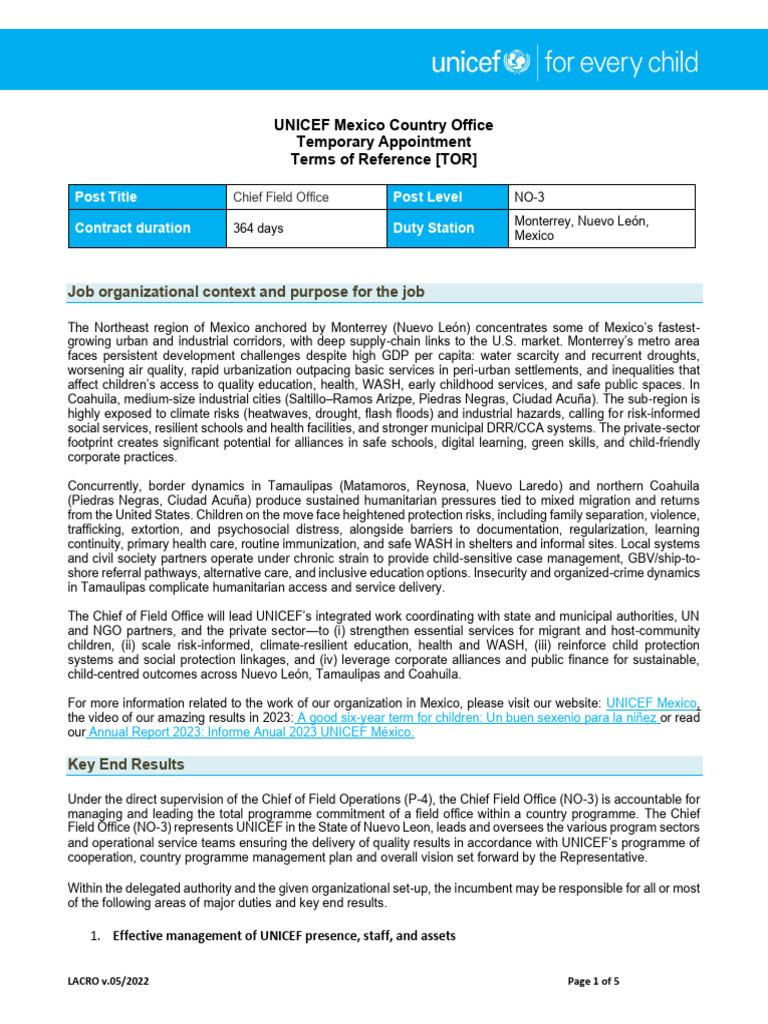 Chief Field Office TOR - UNICEF Mexico | PDF | Evaluation | Capacity ...