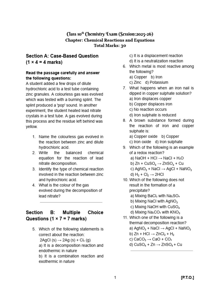 Class 10 Chemistry: Reactions & Equations Exam | PDF | Redox | Chemical ...