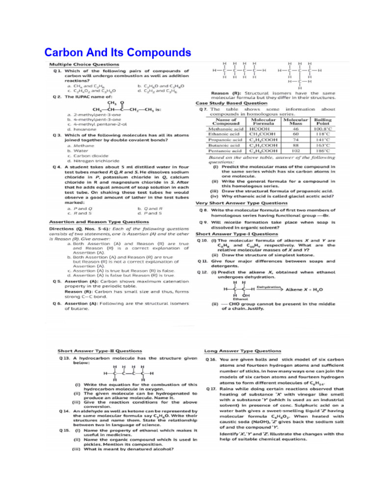 Carbon and Its Compounds Test | PDF