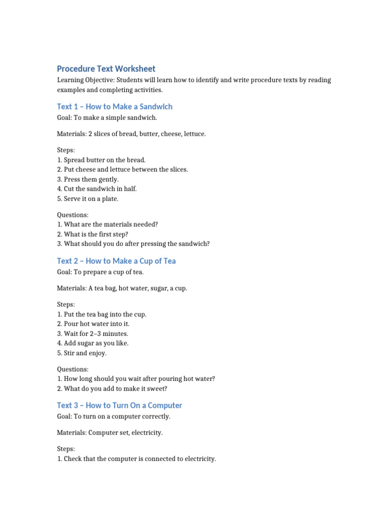 Procedure Text Writing Worksheet | PDF