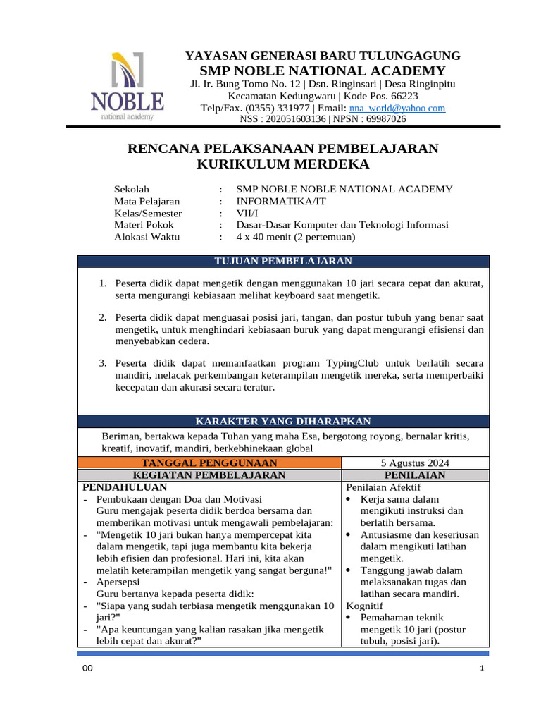 RPP Mengetik 10 Jari SMP Noble | PDF