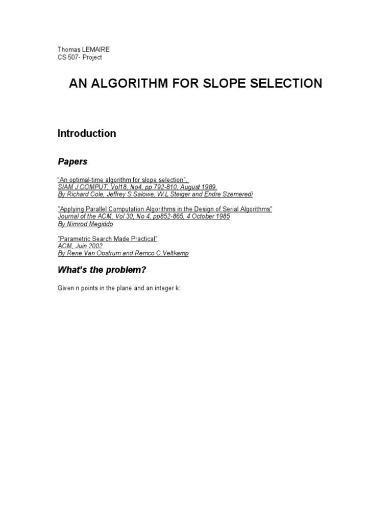 Optimal Algorithm for Slope Selection | PDF | Time Complexity | Permutation
