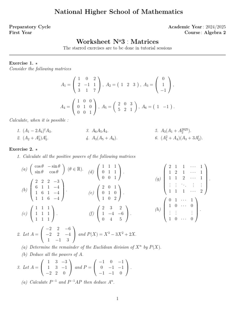 Algebra 2 Matrices Worksheet 2024/2025 | PDF | Matrix (Mathematics ...
