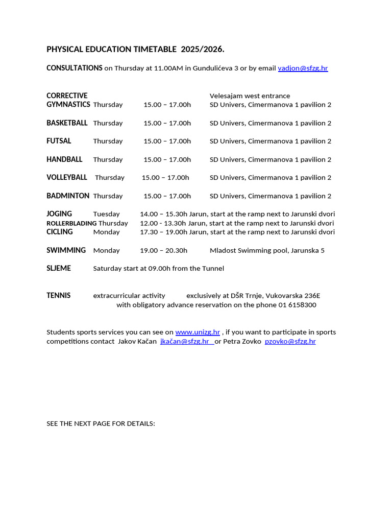 2025/2026 Physical Education Schedule | PDF