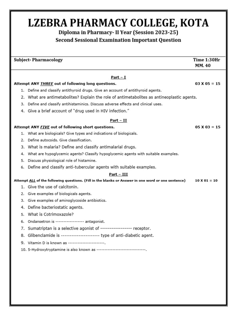 Important Question 2yr Second Sessional Exam | PDF | Pharmacy ...