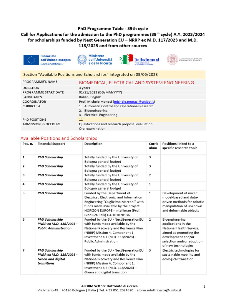 39 PNRR PHD Programme Table BiomedicalElectricalSystemsEngineering ...