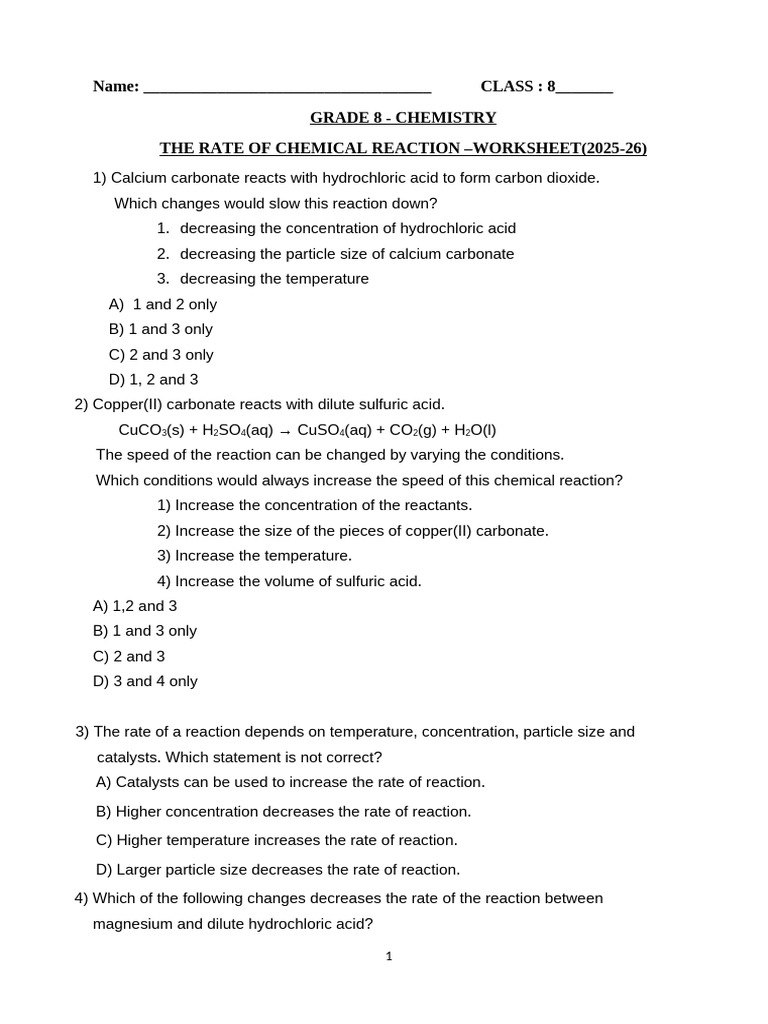 The Rate of Chemical Reaction - Worksheet | PDF | Reaction Rate ...