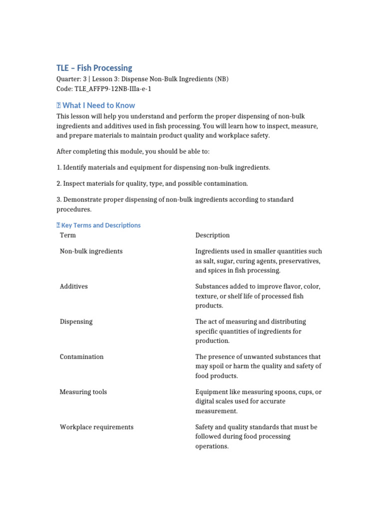 Dispensing Non-Bulk Ingredients in Fish Processing | PDF | Measurement ...