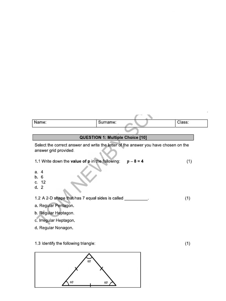 Maths Test Grade 7 | PDF