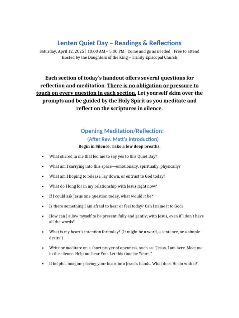 Lenten Quiet Day Reflections Guide | PDF | Jesus | Eucharist