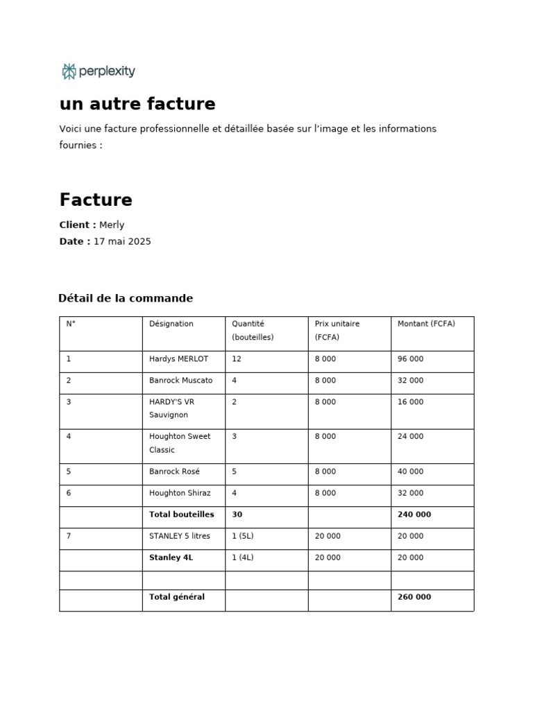 Facture détaillée pour client Merly | PDF