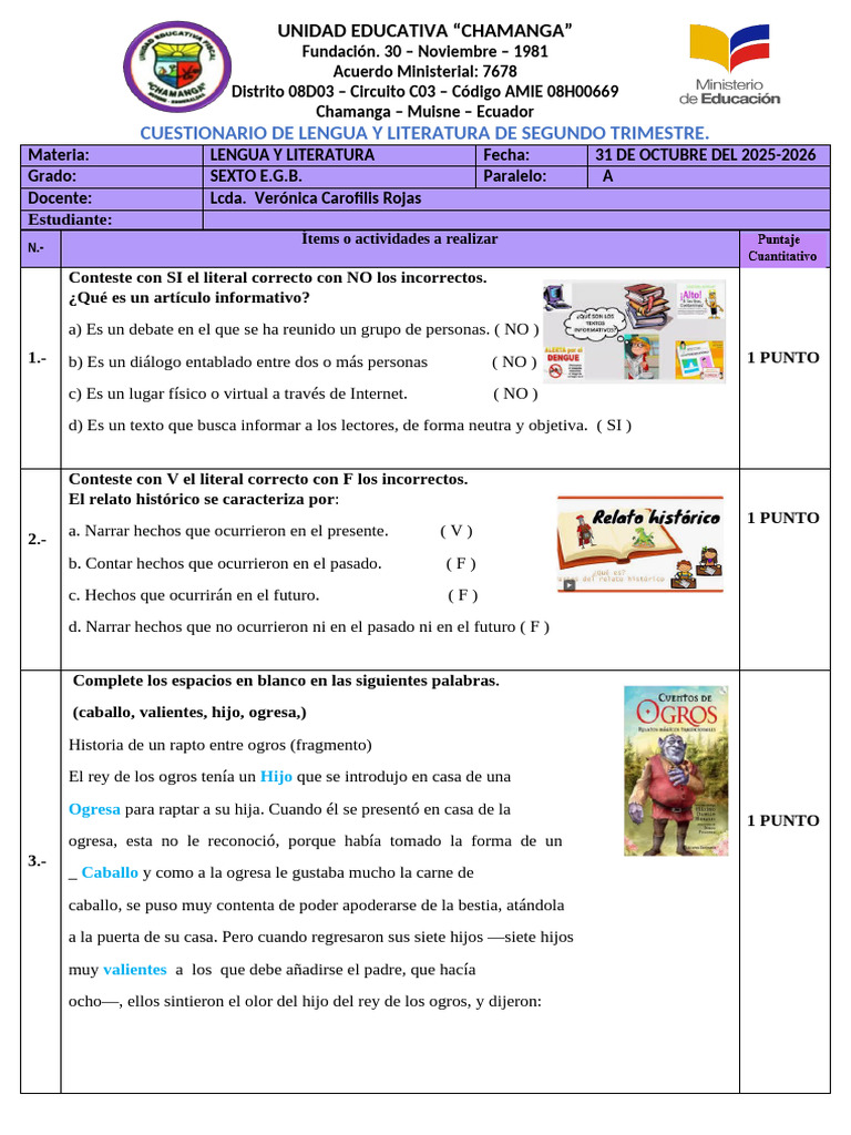 Cuestionario Lengua y Literatura 6to EGB | PDF
