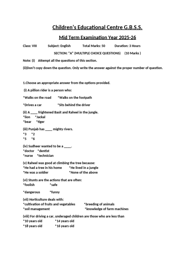 Class VIII English Mid Term Exam 2025-26 | PDF | Linguistics | Syntax