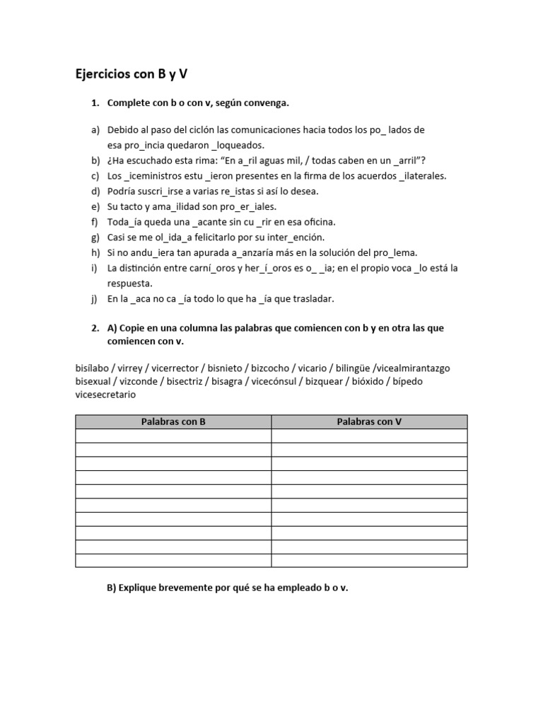 Ejercicios de Ortografía: B y V | PDF | Lingüística | Tipología Lingüística