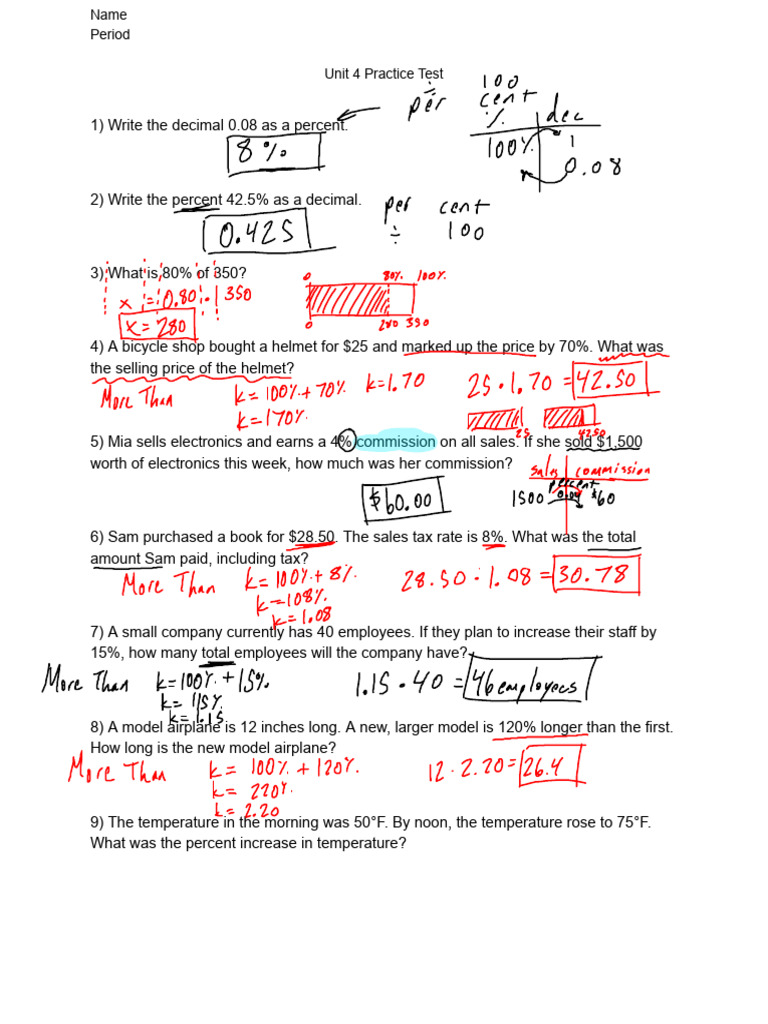 Unit 4 Math Practice Test: Percentages | PDF