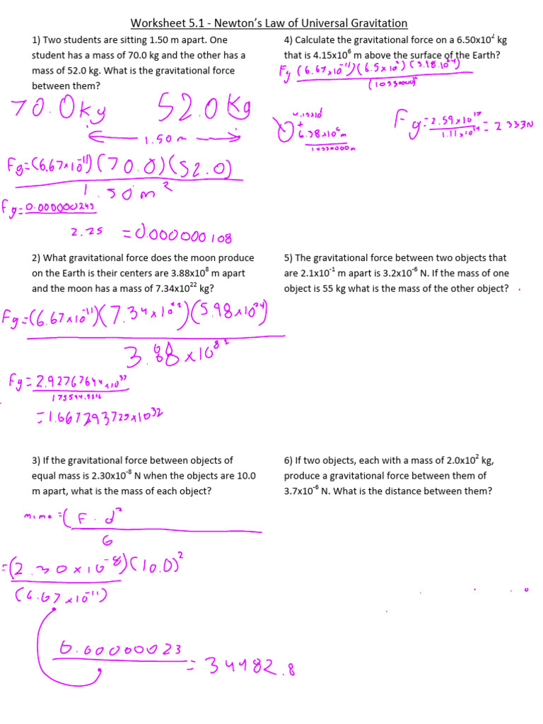 Gravitational Force Calculations Worksheet | PDF | Newton's Law Of ...