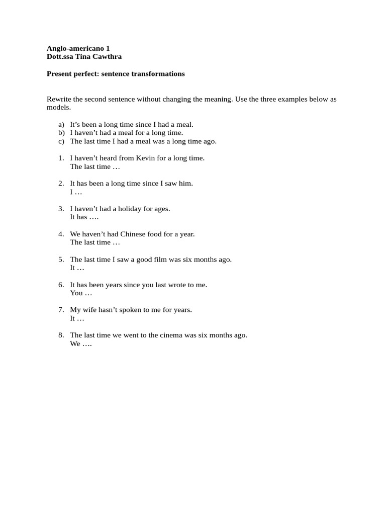 Present Perfect Sentence Transformations | PDF