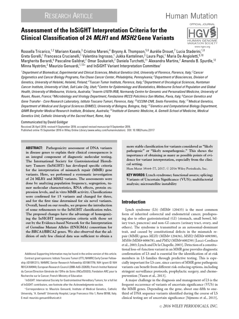 InSiGHT Criteria for MLH1 and MSH2 Variants | PDF | Alternative ...