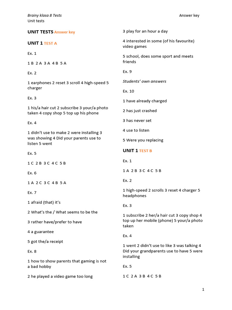 Brainy Kl8 Unit Tests Answer Key | PDF