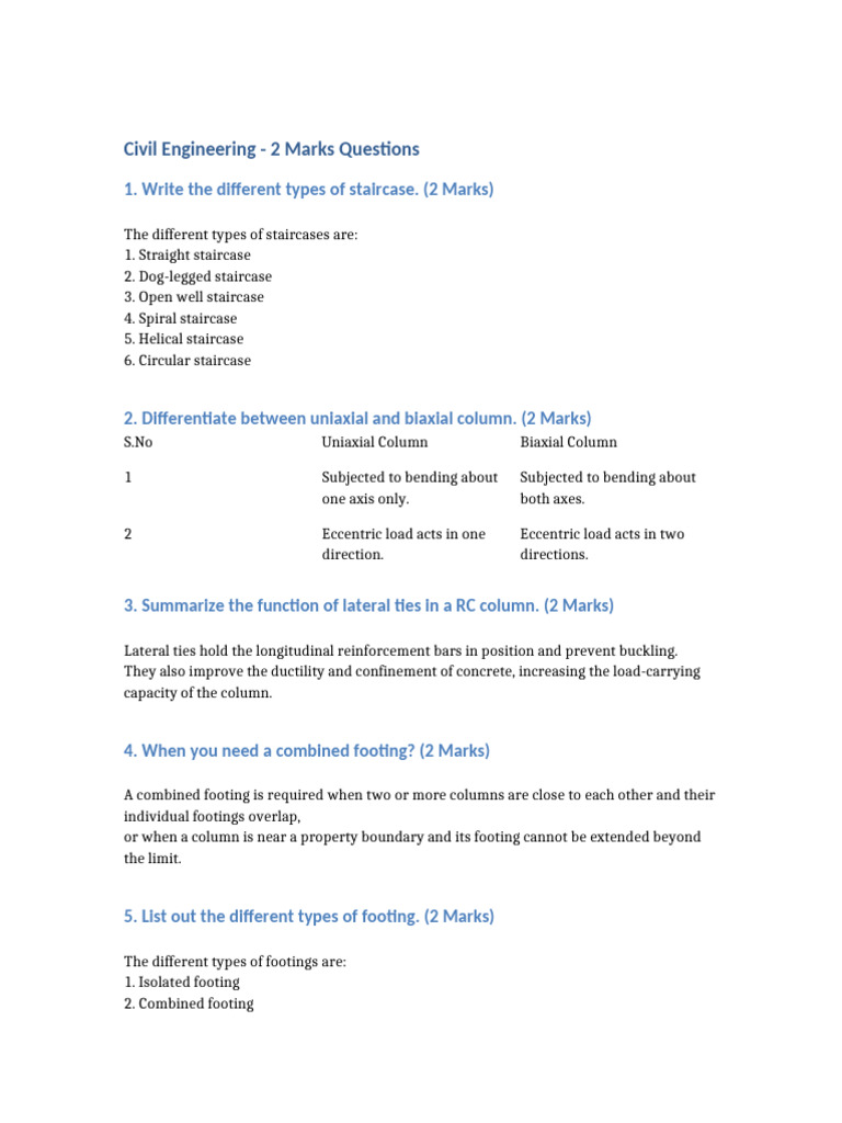 Civil Engineering 2 Marks Questions Guide | PDF