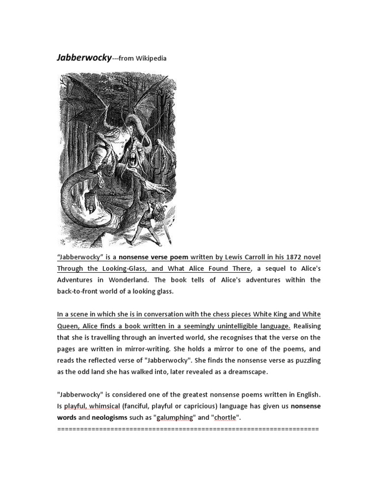 Jabberwocky From Wikipedia PDF Lewis Carroll Works