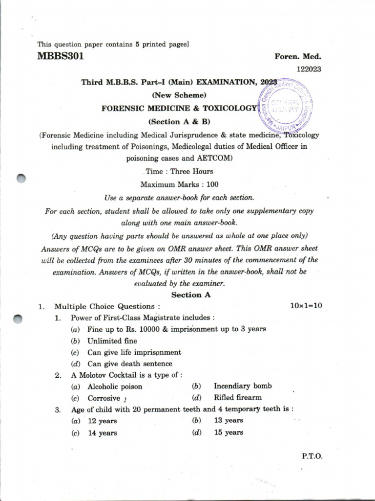 IIIrd MBBS Part I Main Exams, 2023 New Scheme Forensic Medicine ...