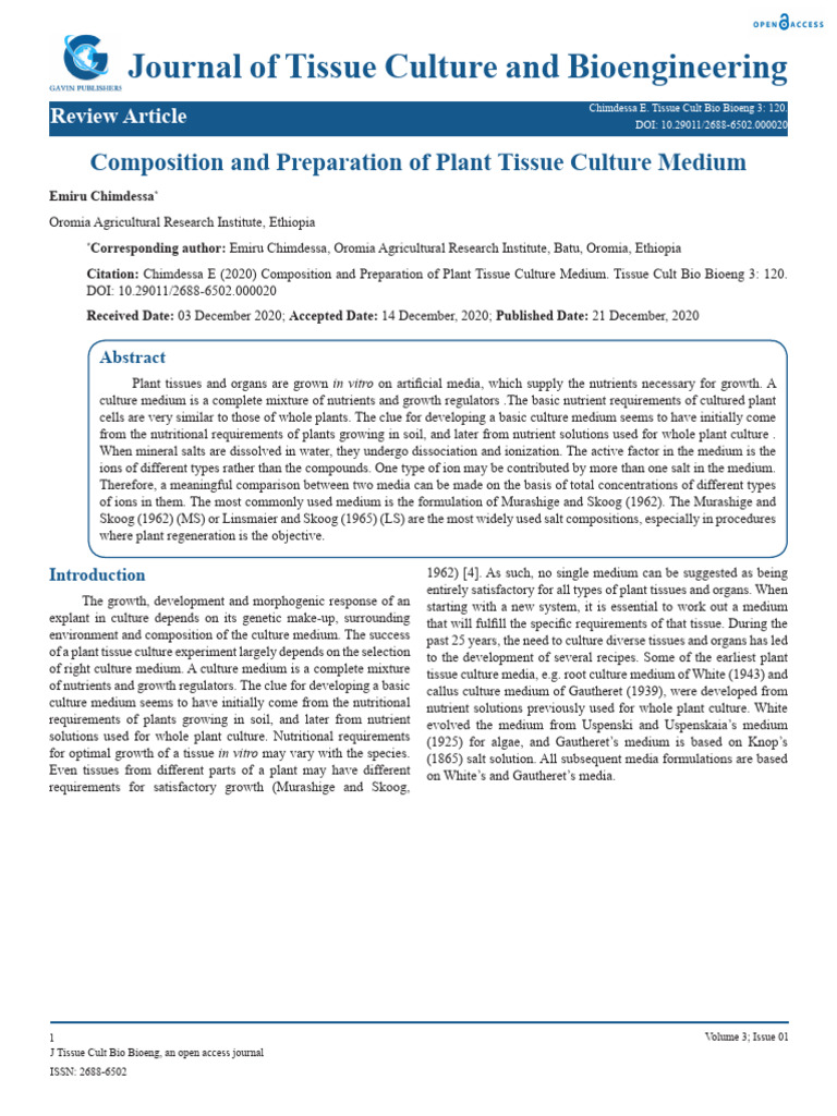 Plant Tissue Culture Medium Composition | PDF | Nutrients | Growth Medium