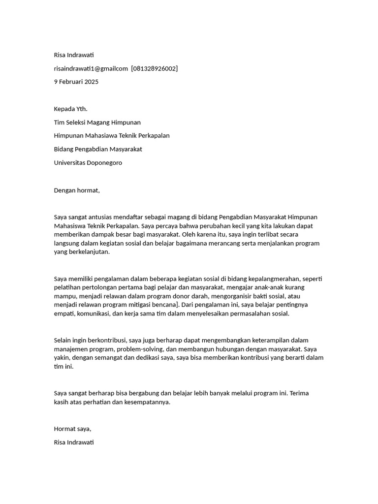 Surat Lamaran Magang Risa Indrawati | PDF