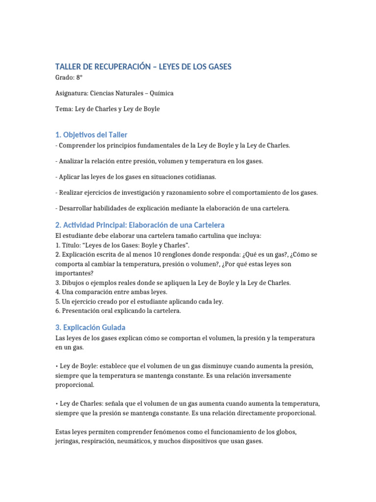 Taller sobre Leyes de los Gases: Boyle y Charles | PDF | Gases ...