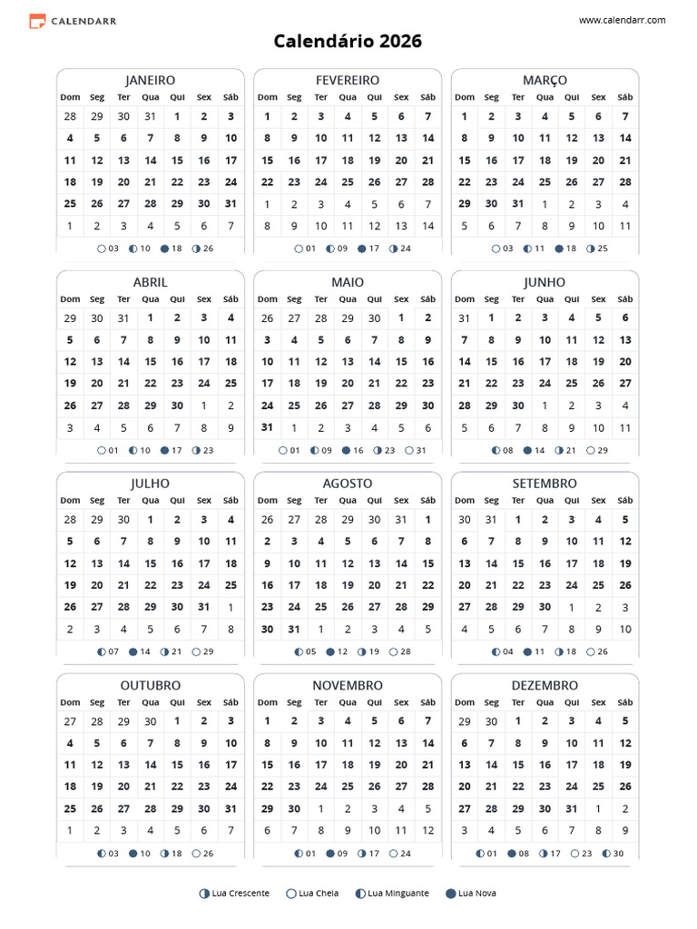 Calendário Completo 2026 com Feriados | PDF | Comemorações