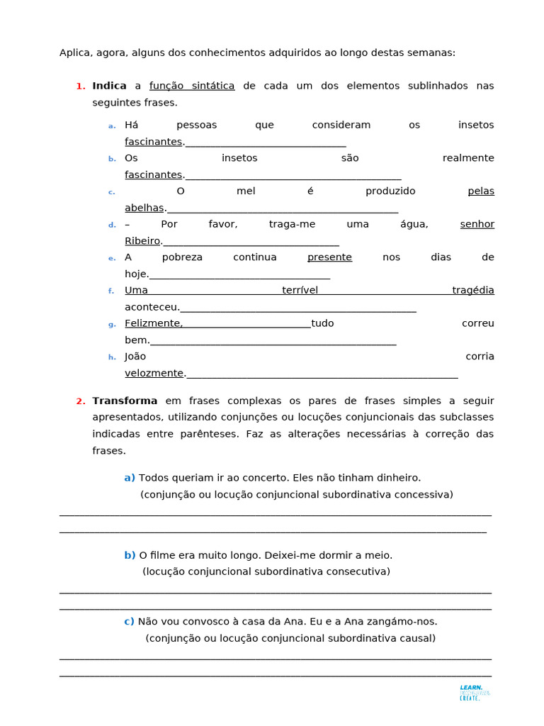 Exercícios de Sintaxe e Transformações Gramaticais | PDF