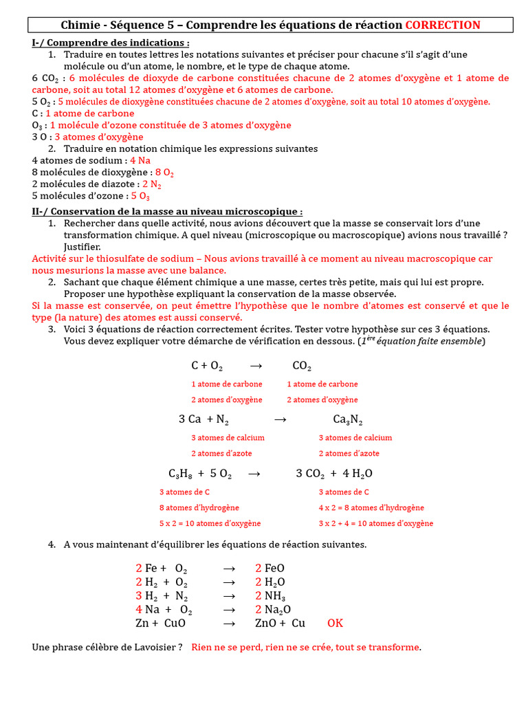 Équations de réaction en chimie : correction | PDF | Oxygène | Chimie