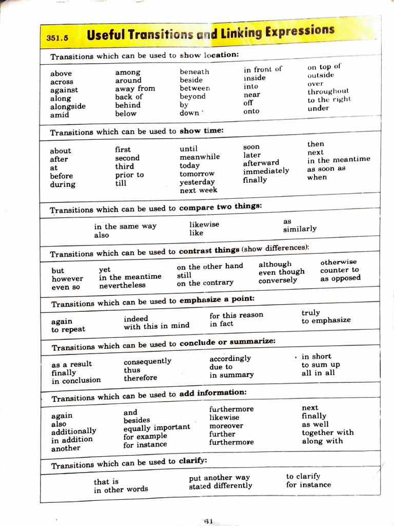 Essential Transition Words Guide | PDF | Sentence (Linguistics ...