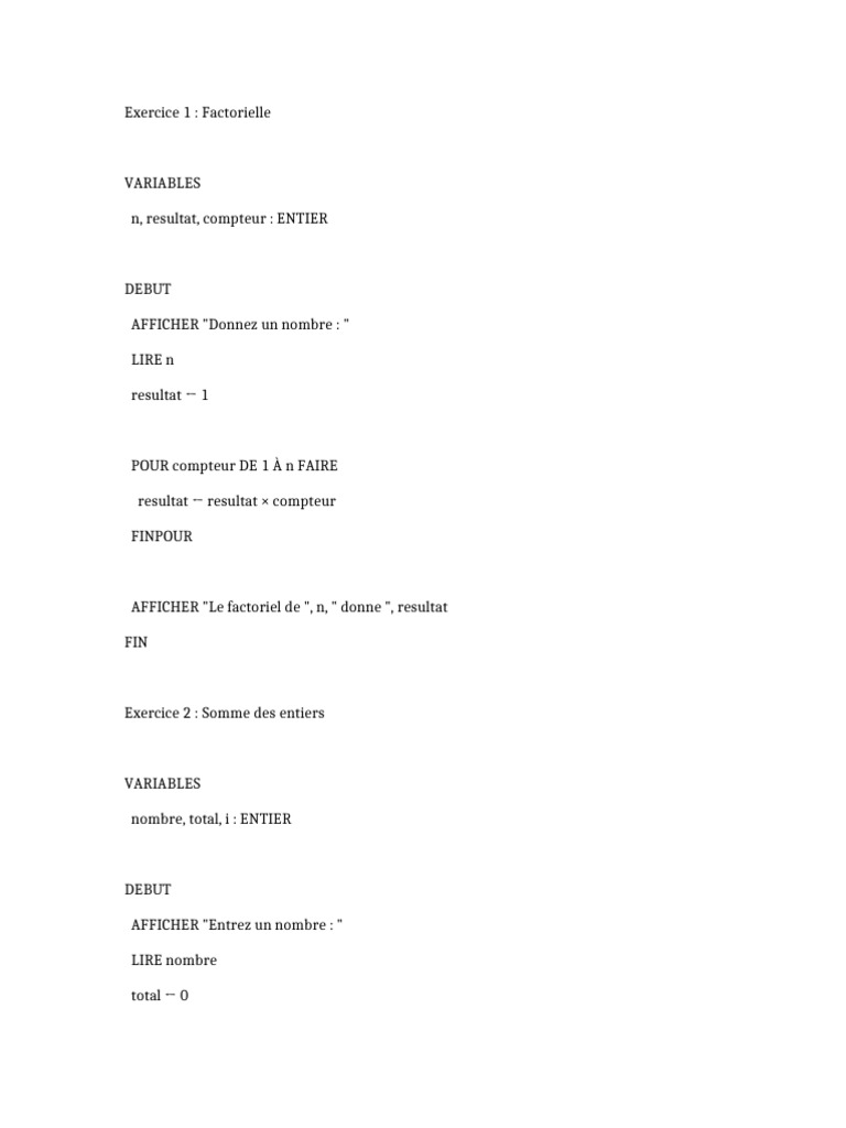 Exercices de programmation en algorithme | PDF | Théorie des nombres