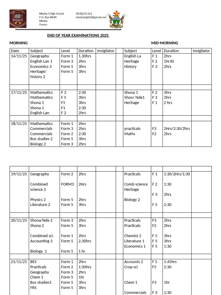 2025 End of Year Exam Schedule | PDF | Physical Sciences | Liberal Arts ...