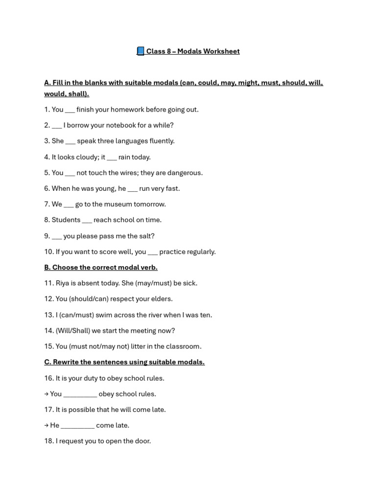 Class 8 Modals Worksheet Activities | PDF