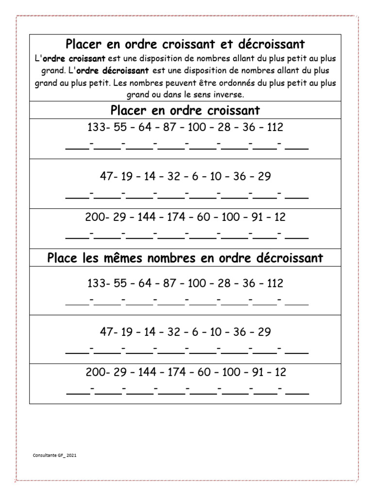 Ordre croissant et décroissant des nombres | PDF