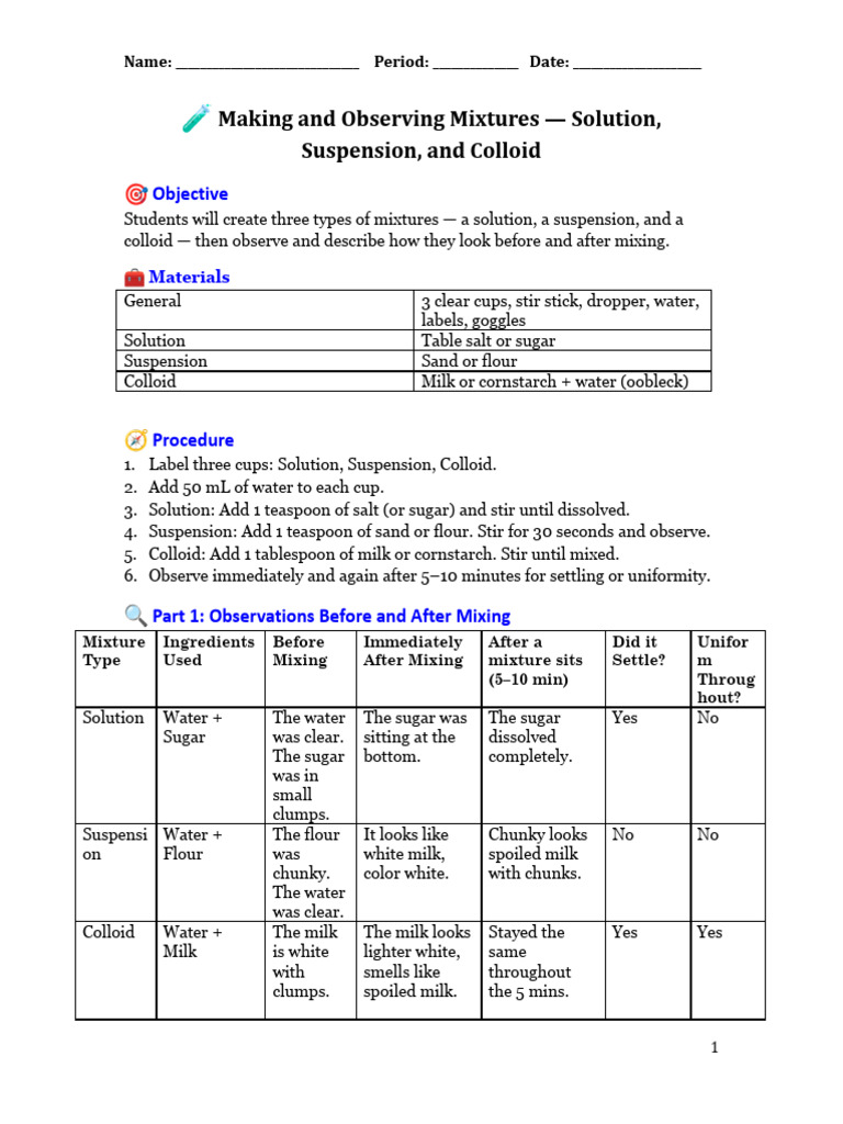 LAB-Making Mixtures-Solution, Suspension, Colloid | PDF | Mixture ...