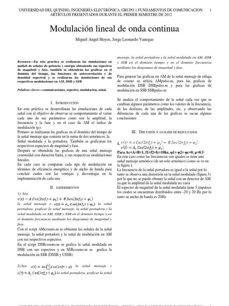 Modulacion Lineal de Onda Continua | PDF | Densidad espectral | Modulación