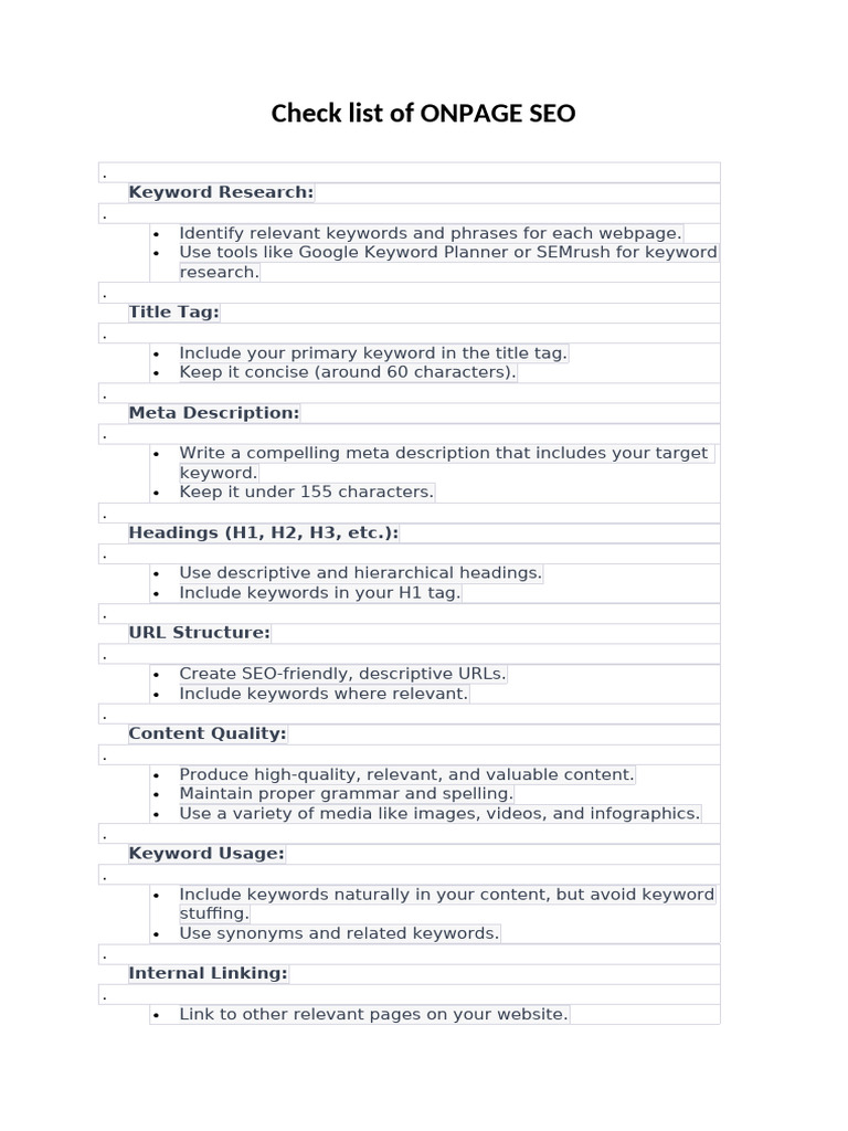 Check List of ONPAGE SEO | PDF | Search Engine Optimization | Web ...
