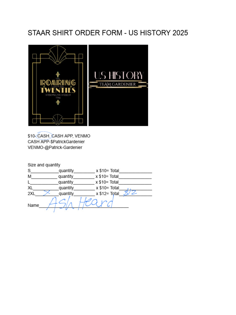 Staar Shirt Order Form - Us History 2025 | PDF