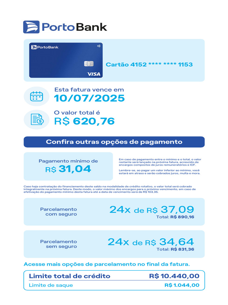 Fatura do Cartão Porto Seguro - Junho 2025 | PDF | Seguro | Crédito ...