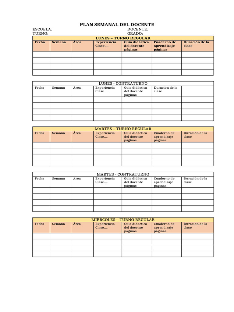 Plan Semanal del Docente Escolar | PDF | Aprendizaje | Modificación de ...