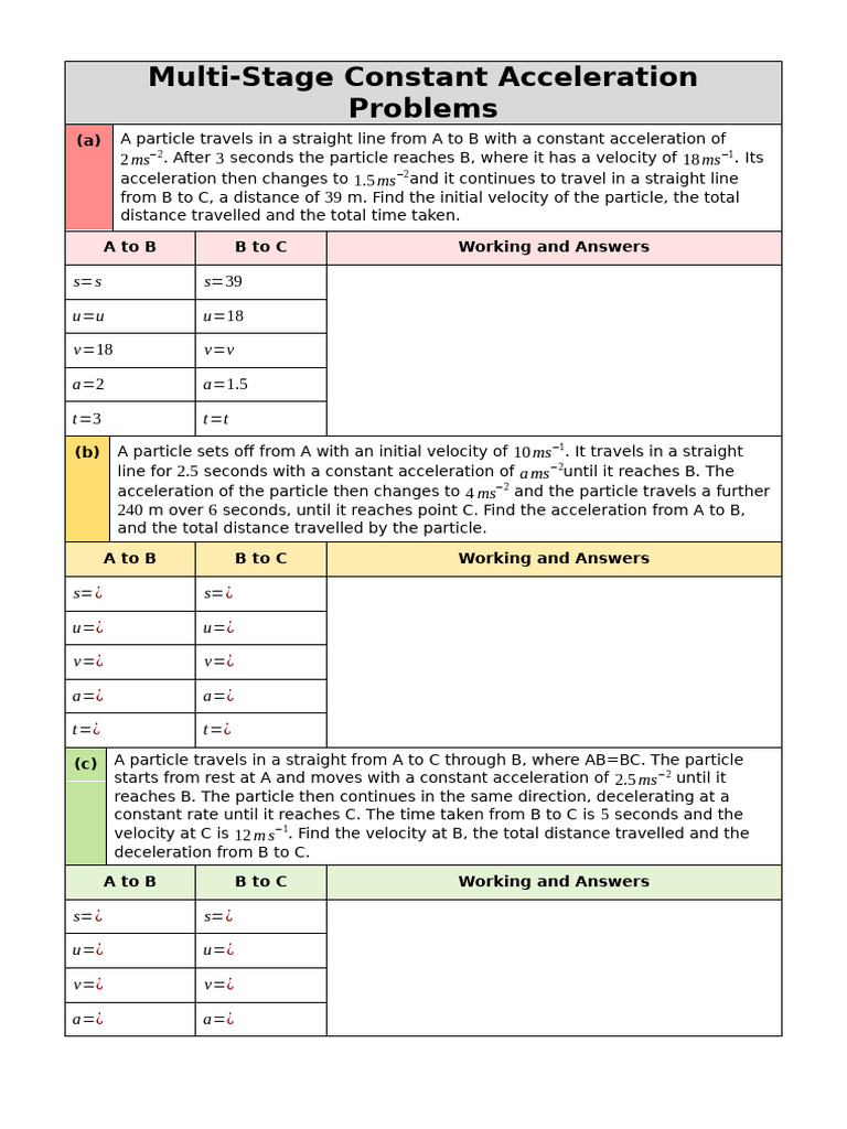 Multi-Stage Constant Acceleration Problems Grid 1 | PDF