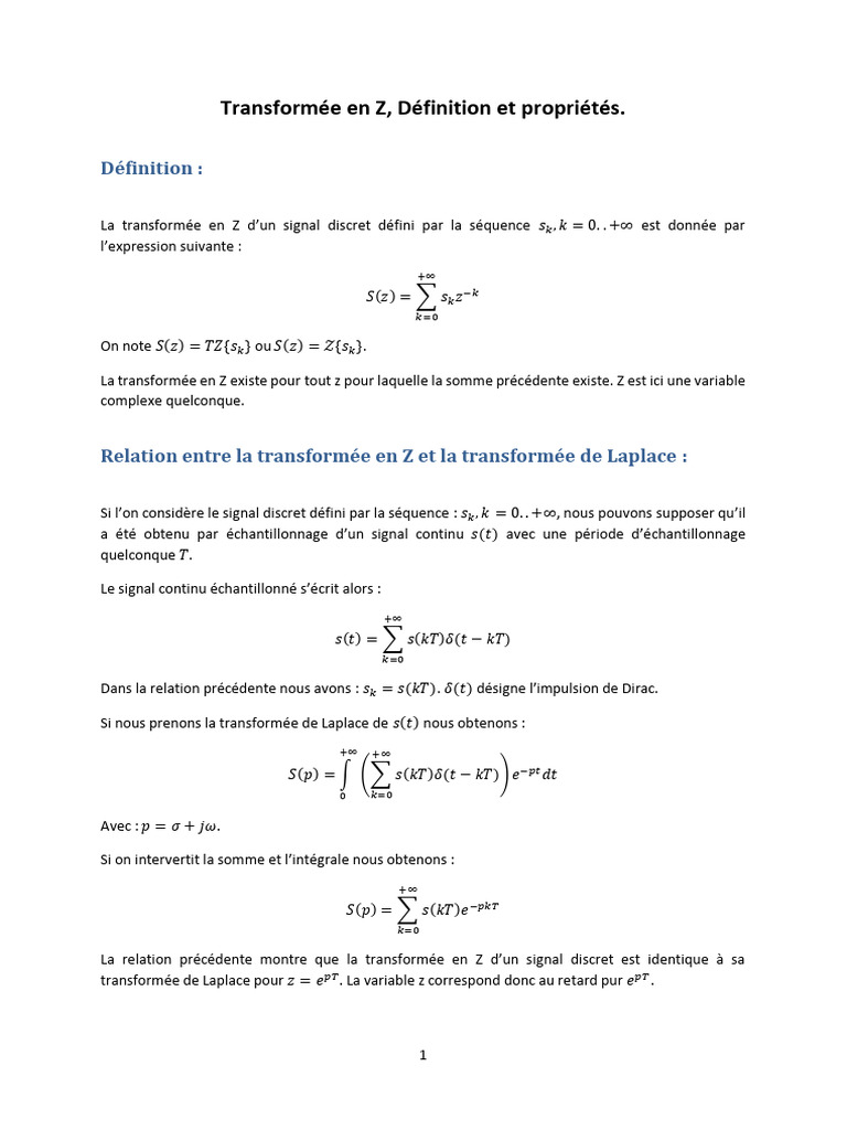 Transformée en Z : Définition et Propriétés | PDF | Transformation de ...