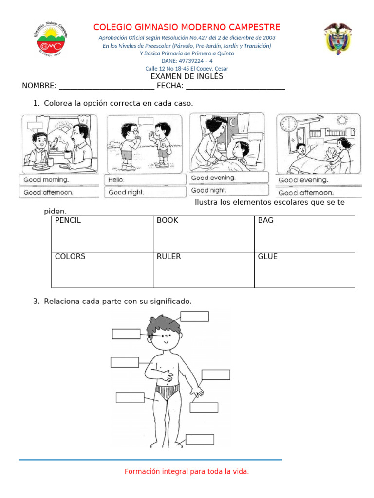 Examen de Inglés para Preescolar y Primaria | PDF